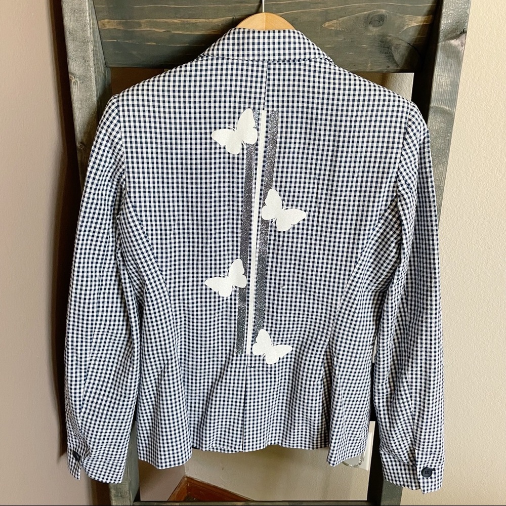 HIPCHIK COUTURE Gingham Glitter Butterfly Print Blazer Blue White Size 6